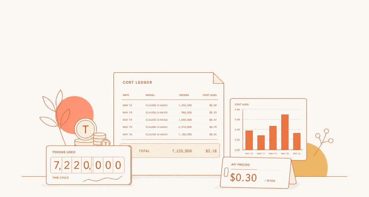 Custom illustration of a copper cost ledger, token counter, and API pricing card