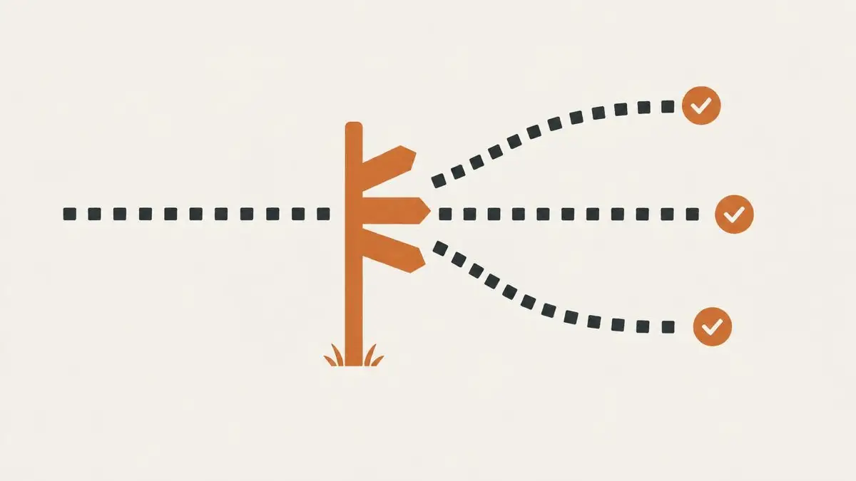 Editorial illustration of a copper signpost splitting a stream of token blocks into three lanes, each ending in a check mark