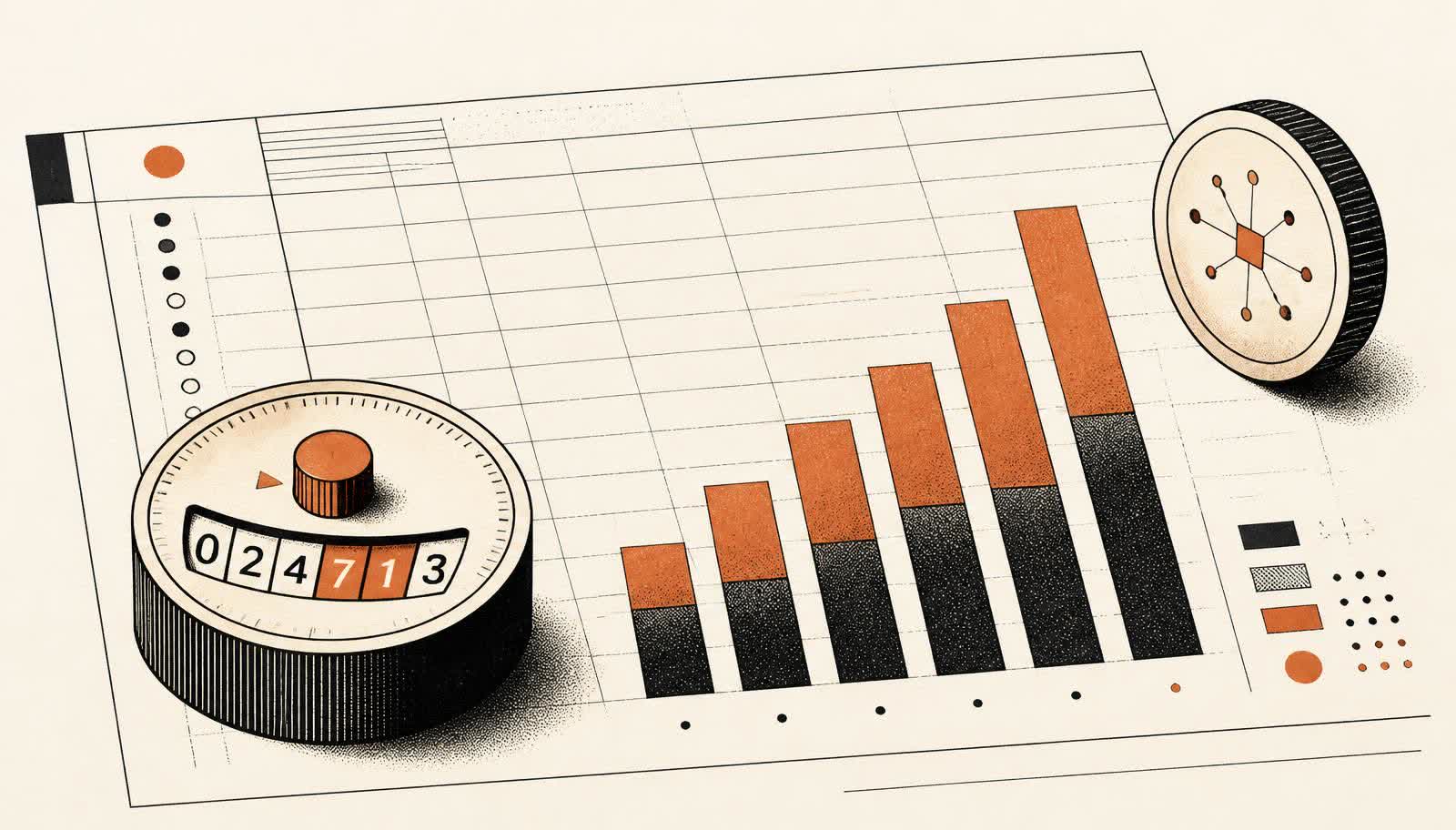 Custom illustration of a cost ledger, a token counter dial, and a rising bar chart of API spend