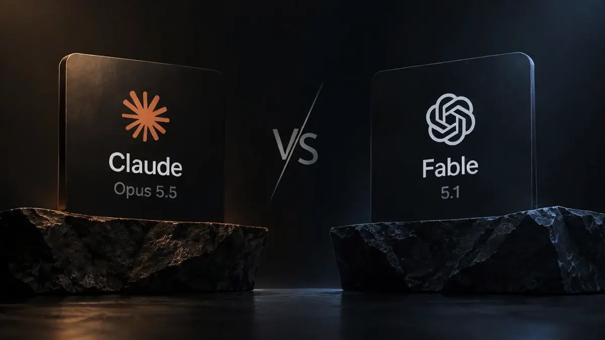 Editorial illustration of a balance scale weighing copper and charcoal blocks above a timeline, comparing Claude Opus 5.5 and Fable 5.1
