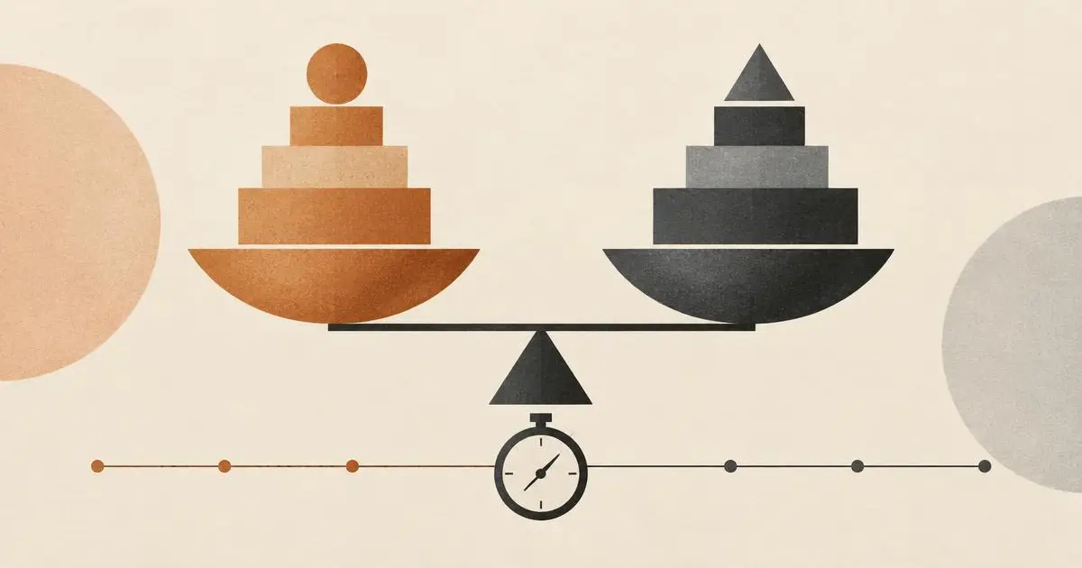 Editorial illustration of a balance scale weighing copper and charcoal blocks above a timeline, comparing Claude Opus 5.5 and Fable 5.1